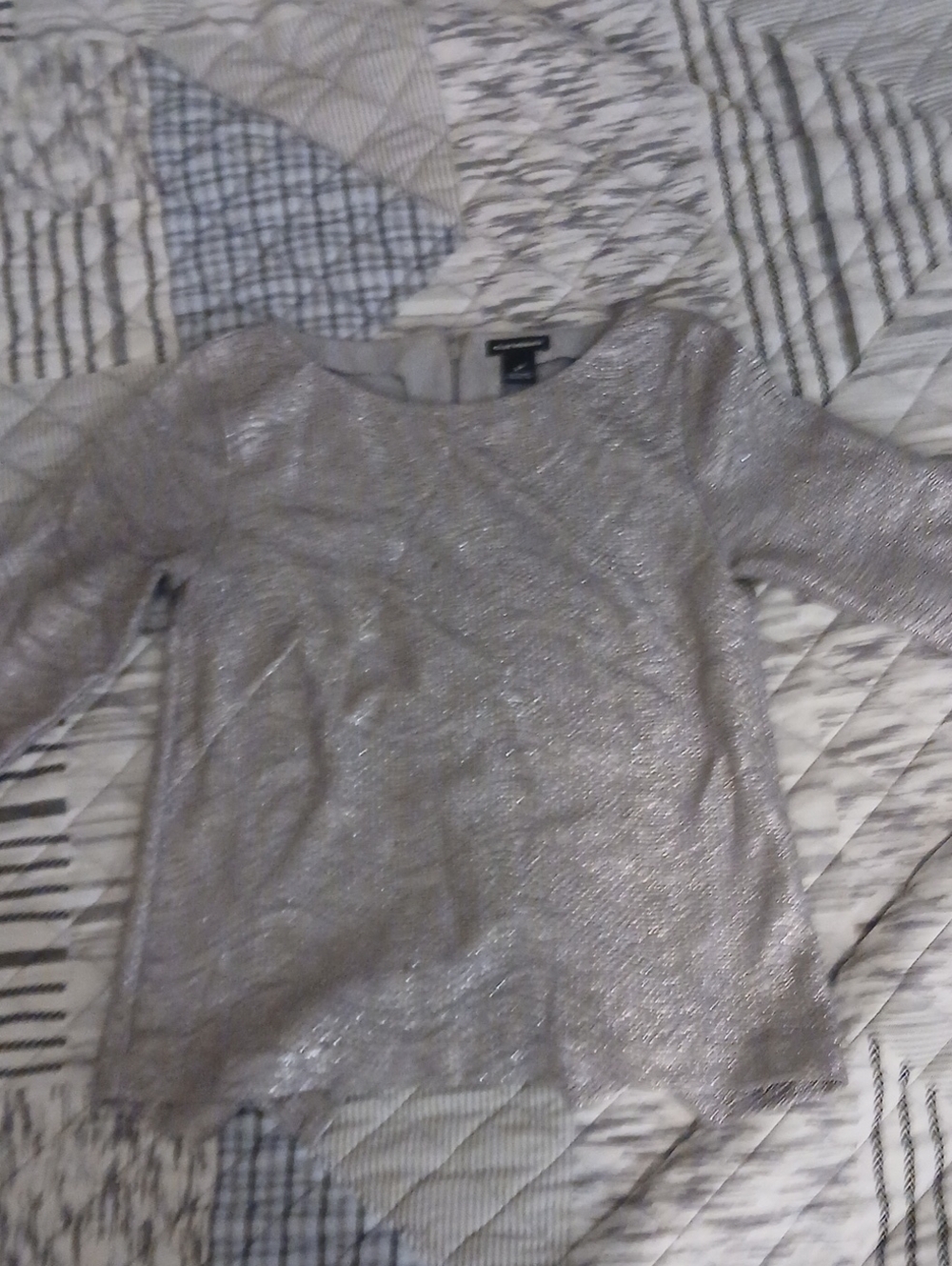 Metallic Silver Women's Boatneck Top Club Monaco Size S, 3/4 Sleeves